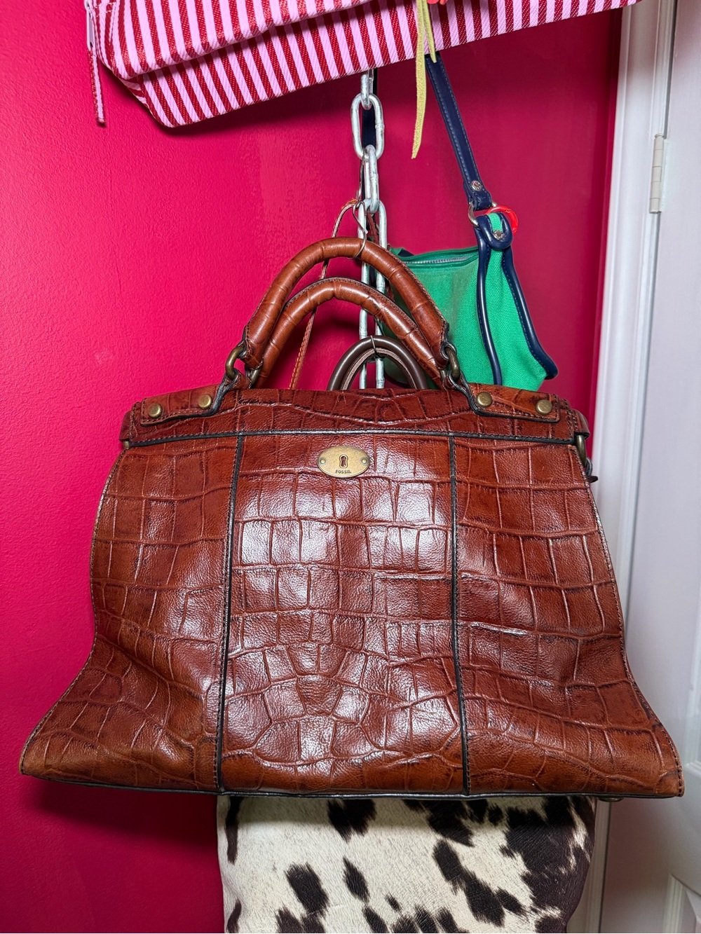 Fossil Vintage Revival Framed Satchel Croc Leather